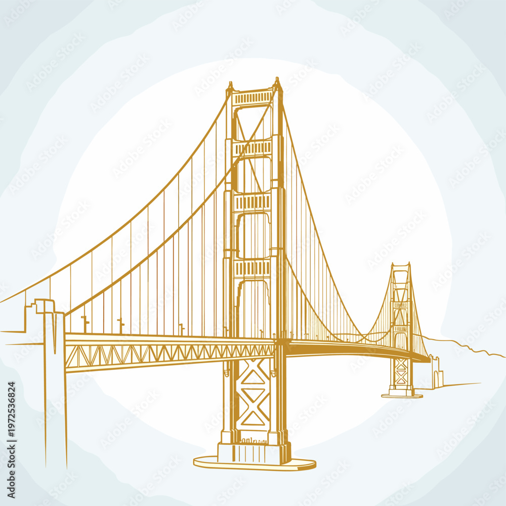Fototapeta premium Detailed sepia-toned sketch illustration of a famous suspension bridge, reminiscent of the Golden Gate Bridge, with intricate architectural details and cables against a light background.