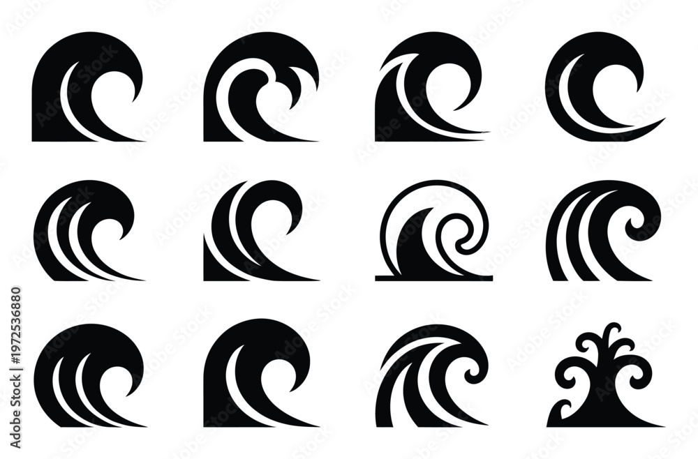 Fototapeta premium Collection of Stylized Black Wave on White Background