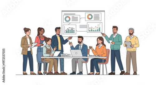 Diverse group of business professionals discussing data on a whiteboard