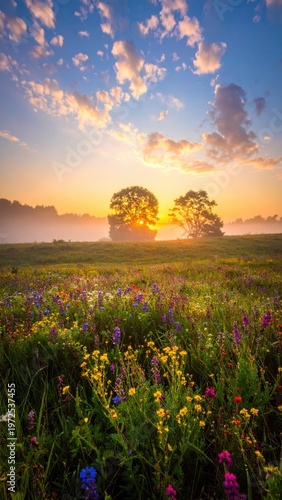 Beautiful Sunrise Over Wildflower Meadow with Trees and Clouds
