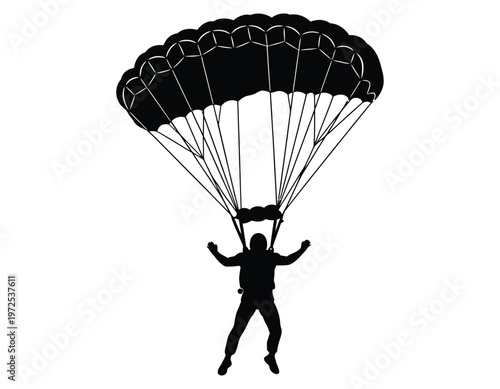 A dramatic black silhouette of a skydiver descending with a fully deployed parachute against a stark white background