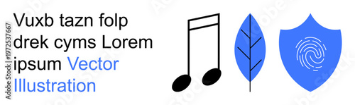 Digital security, creativity, nature, biometric data, identity verification, and information protection. Visual includes a music note, blue leaf and shield with fingerprint. Digital security