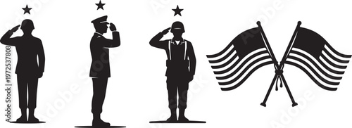 Silhouette of soldiers saluting with American flags vector