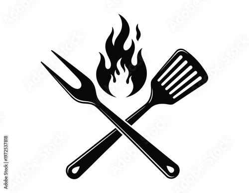 Barbecue silhouette a black and white illustration of grilling utensils and flames