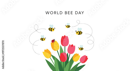 Several cute cartoon bees fly in whimsical dotted paths around a bright bouquet of red and yellow tulips to celebrate the official World Bee Day.