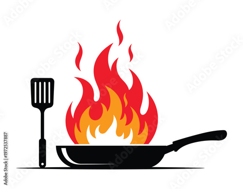 Title fiery culinary disaster a silhouette of flames engulfing a frying pan and spatula description a dramatic illustration depicts a frying pan consumed by vibrant