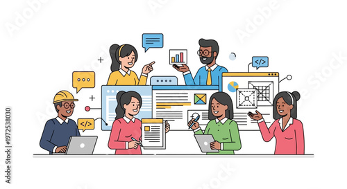 Diverse team collaborating on digital project with laptops and graphs