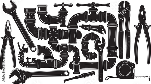 Plumbing tools and pipes illustration set black