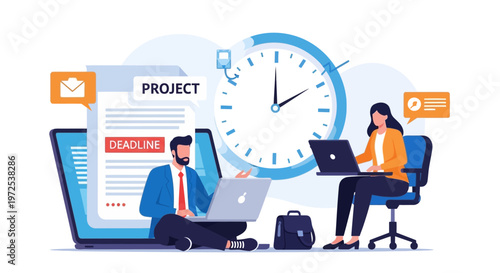 Business people working on laptops with project deadline and clock