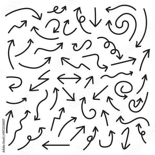 Hand drawn arrow set. Arrow icon doodle style. Black arrow editable stroke width