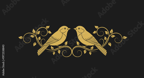 Elegant golden birds with ornate floral design on a black background, representing harmony and classic beauty.