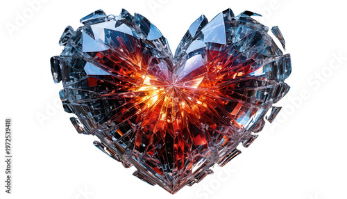 Un cuore frantumato di vetro o ghiaccio con un nucleo ardente, simbolo di dolore, passione o fragilità, isolato su sfondo bianco.