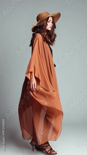 Stylish Woman Posing in Flowing Orange Kaftan and Hat.