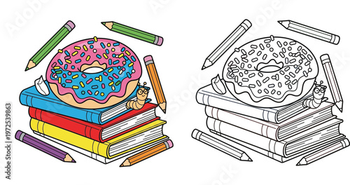 School Books with Donut and Pencils Coloring Page Vector Illustration for Kids Education and Back to School Fun