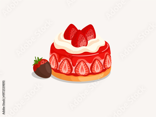 Strawberry mousse cake topped with fresh berries and chocolate dipped strawberry.