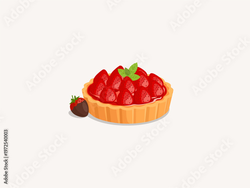 Fresh strawberry tart with mint leaf and chocolate dipped strawberry.