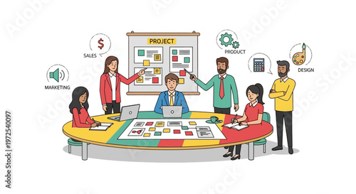 Business team working on a project plan with a whiteboard