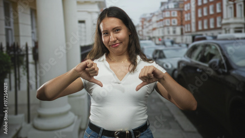 Bilde på lerret Woman showing two thumbs down with both hands on a city street in front of parked cars and buildings; disapproval
