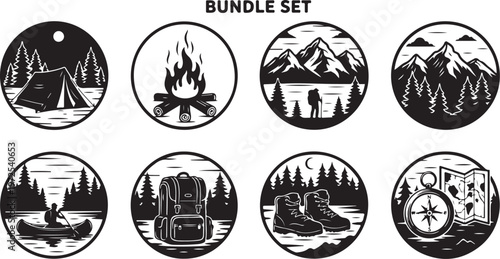Camping icons bundle set for outdoor adventure and travel planning