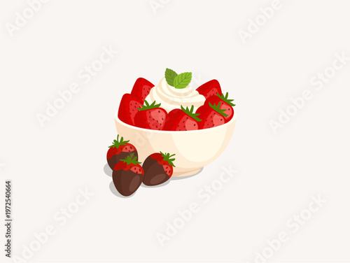 Fresh strawberries in a bowl with whipped cream and chocolate dipped berries.
