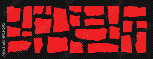 Collection of red torn paper scraps and ripped page isolated on transparent background