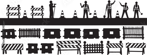 Construction site barriers and workers in black and white icons
