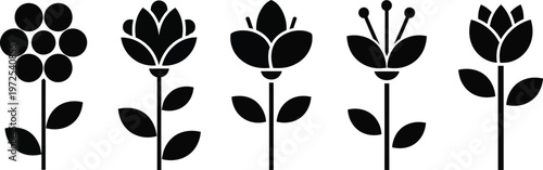 Five black stylized floral with stems and leaves on white background flower floral plant stem leaf black and white