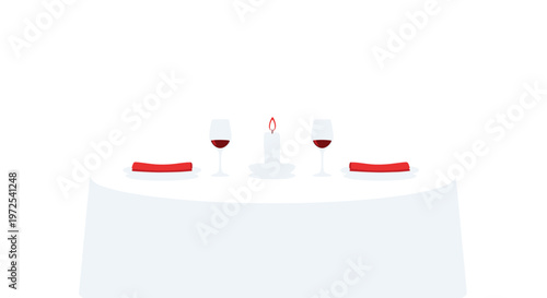 A pristine round table draped in a long white cloth holds a glowing central candle and two elegant glasses filled with rich red wine in a simple room.