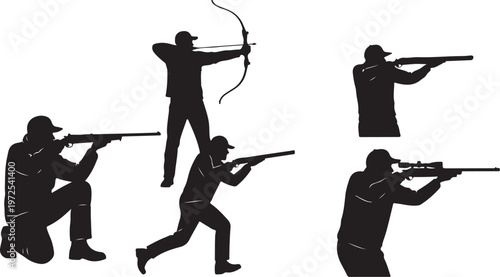 Silhouettes of men in various shooting and archery poses and stances