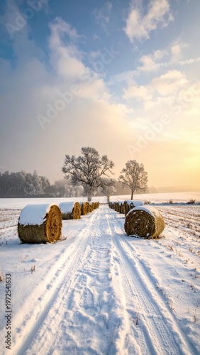 Serene Winter Landscape with Snow-Covered Hay Bales at Sunset