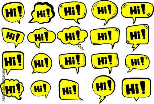 Cartoon comic sign burst clouds. Speech bubble, Hi sign expression and pop art text frames. Comics mem expressions speech, superhero book Bang label. Isolated vector symbols set