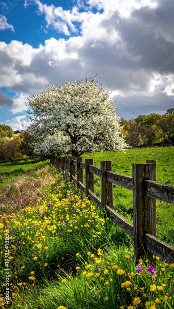 Fototapeta premium Blossoming Tree Along a Rustic Fence in a Vibrant Meadow Scene