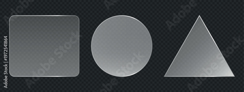 Set of eight clear glass plates with metal rivets on transparent background.