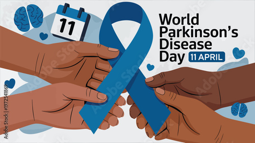 World Parkinsons Disease Day Banner with Blue Ribbon and Hands Supporting Each Other