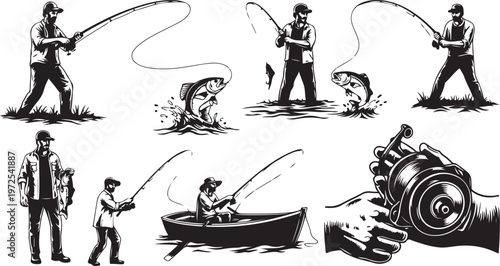 Man fishing in various poses and settings with rod and reel