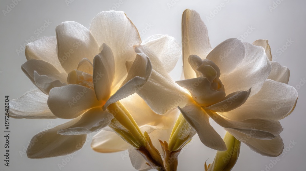 Fototapeta premium Elegant White Gardenia Bloom with Waxy Fragrant Petals Captured in Soft Light