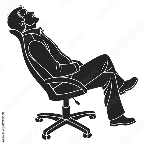 Relaxed office worker, reclined chair, business man vector, black silhouette