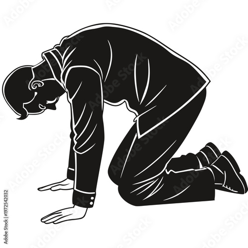 Man Kneeling, Black Silhouette, Prayer or Worship Illustration, Monochrome Vector Icon