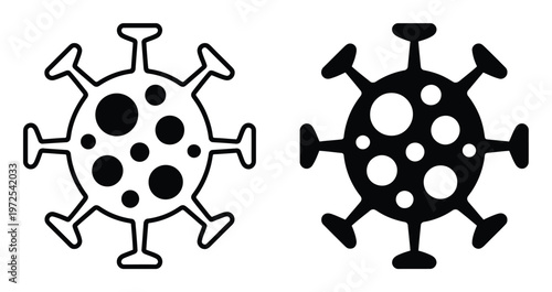Two stylized of a virus, one outlined and one solid black