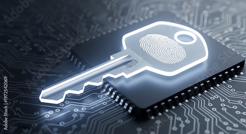 A digital key with fingerprint sensor, glowing on a circuit board, security concept