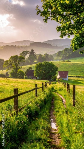 Serene Landscape with Pathway through Green Fields and Mountains