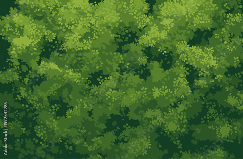 Dense green forest canopy view. Vibrant, detailed foliage creates a lush, textured backdrop. Ideal for nature, travel, and lifestyle themes.