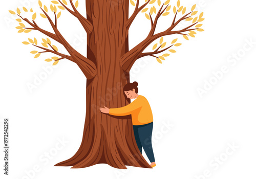 A woman embraces a tree, symbolizing connection with nature. Warm colors and a serene expression evoke feelings of gratitude and well-being. Perfect for environmental campaigns.