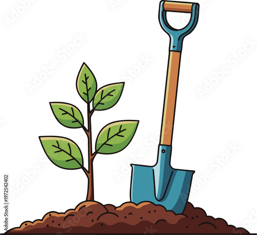 A shovel rests beside a growing plant in rich soil. Perfect for gardening, landscaping, or nature-themed visuals. Ready to plant!