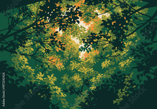 Quadro em tela stylized forest canopy view dappled sunlight filters through lush green foliage