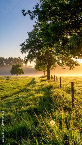 Serene Morning Landscape with Trees and Soft Sunlight in Meadow