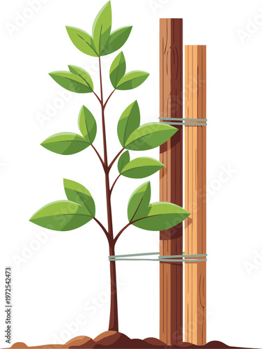A vibrant illustration showcases a young sapling securely staked for growth.  Clean lines and a soft green background create a safe and optimistic visual. ?Stake Sapling Grow Safe? text included.