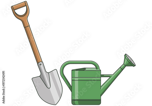 A vintage shovel and watering can illustrate the concept 'shovel can water grow'. Clean, graphic illustration with a soft blue background. Ideal for gardening, nature, or growth themes.