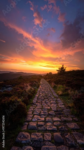 Serene Sunset Over Rocky Pathway in Scenic Nature Landscape