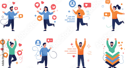Social Media Engagement Characters Set with Likes Comments Followers and Online Interaction Concepts for Digital Marketing Promotion and Vector Illustration Design.